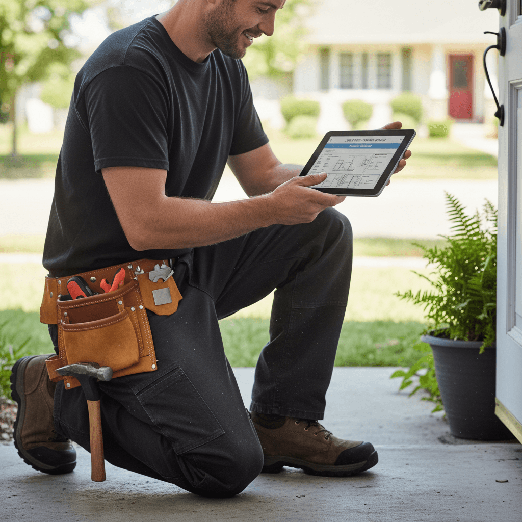 Plumber checking a tablet on a residential doorstep