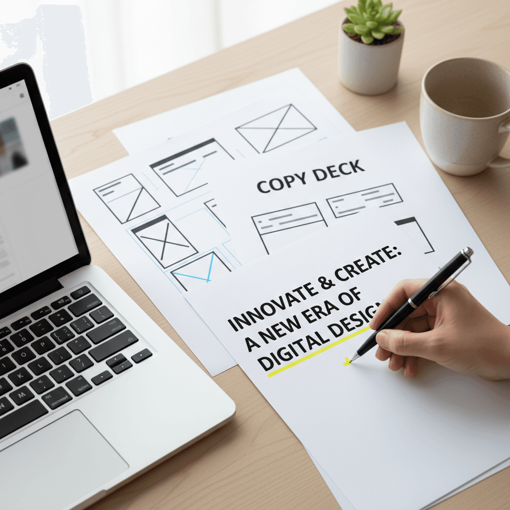 Designer's desk with wireframes and a highlighted copy deck