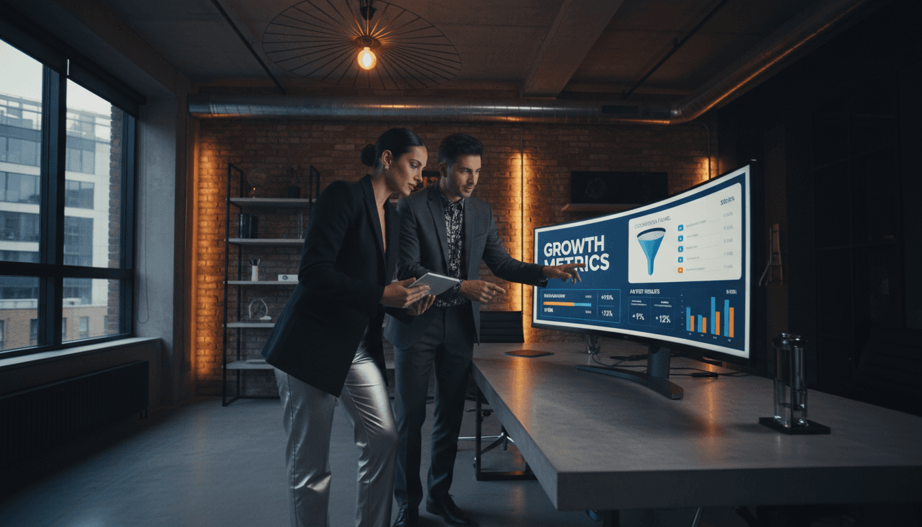 Digital agency team reviewing conversion analytics dashboards on a monitor in a London studio