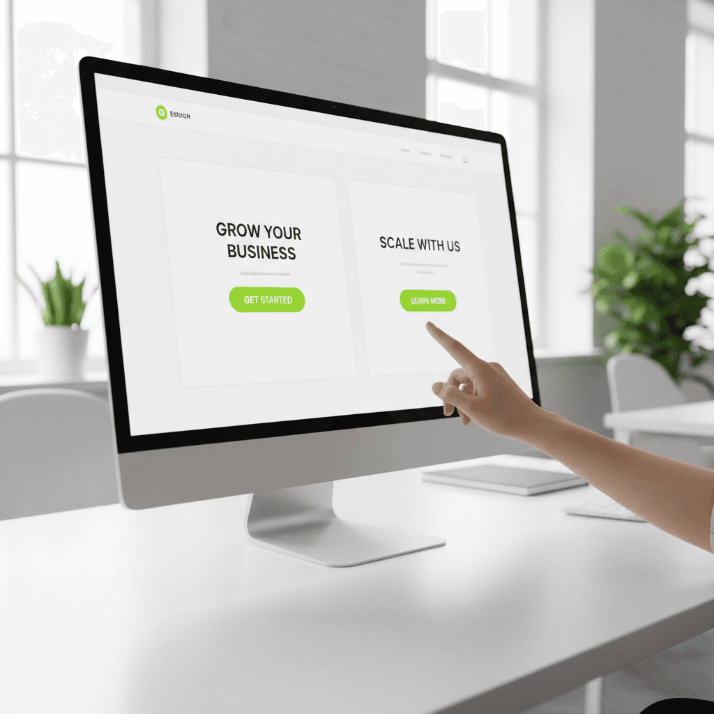 Two versions of a landing page on a monitor with a designer pointing at a button