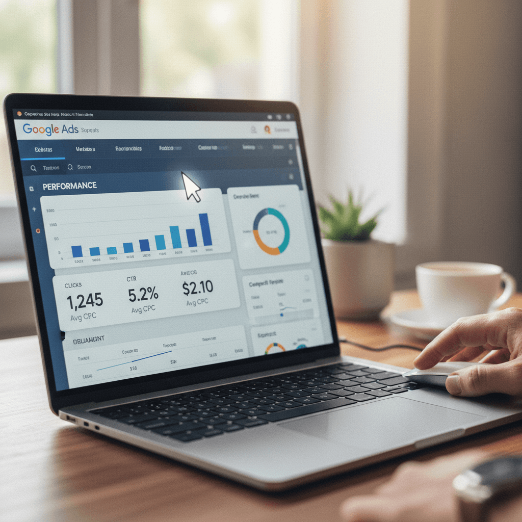 Google Ads campaign dashboard on laptop