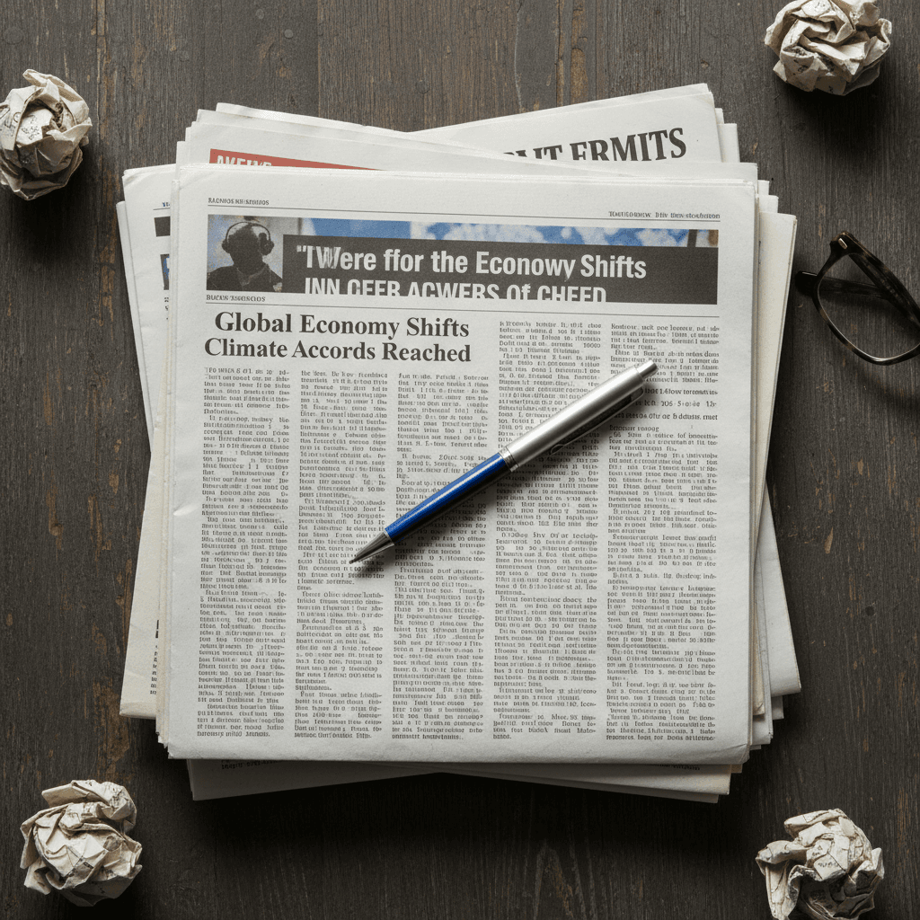 Stack of printed news articles with a pen on top