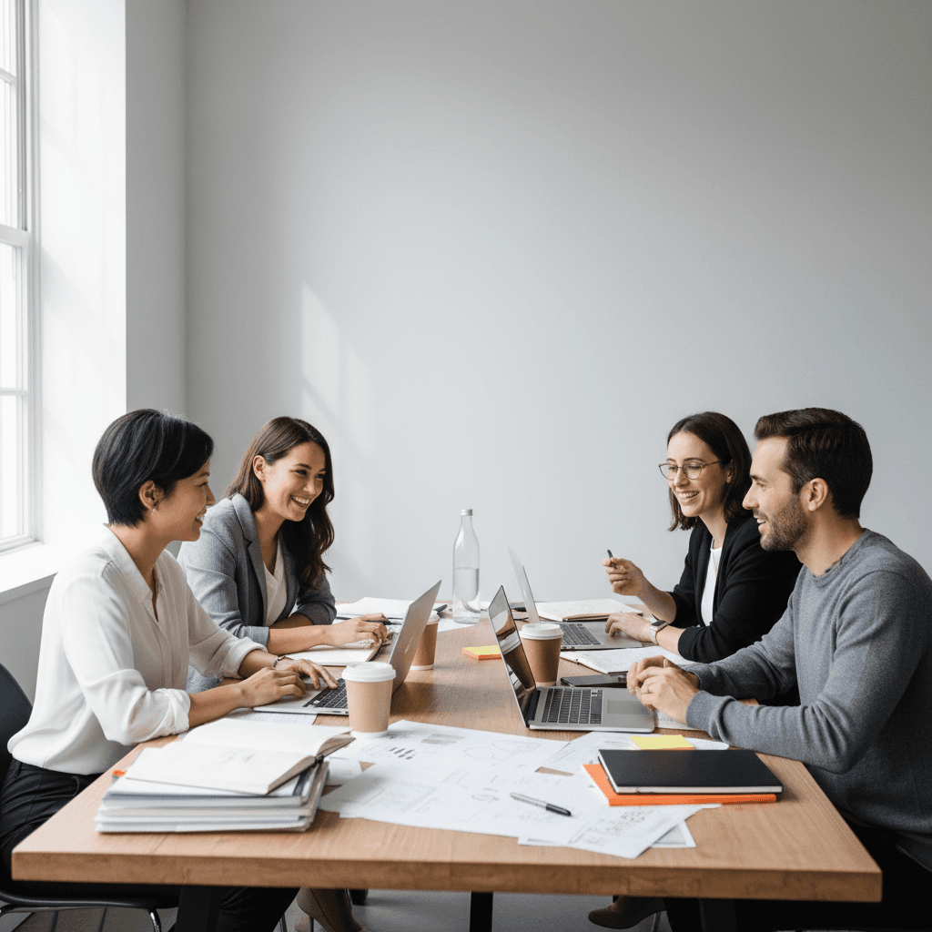 Small in-house team collaborating around a desk