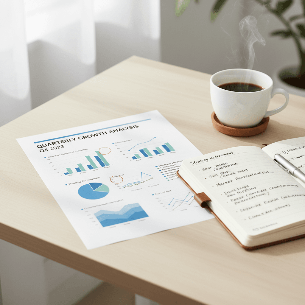 Printed SEO report with handwritten notes on a desk