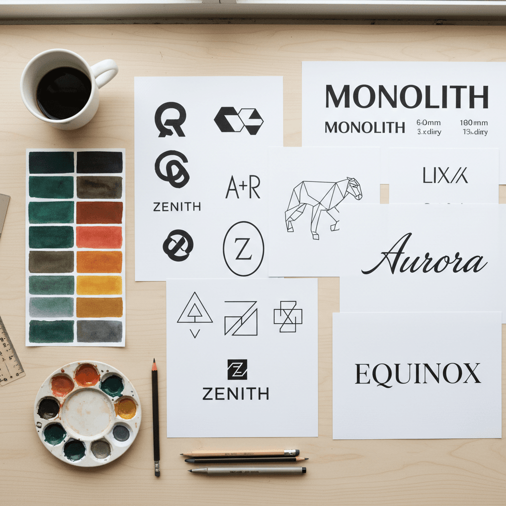 Brand identity elements laid out on a desk