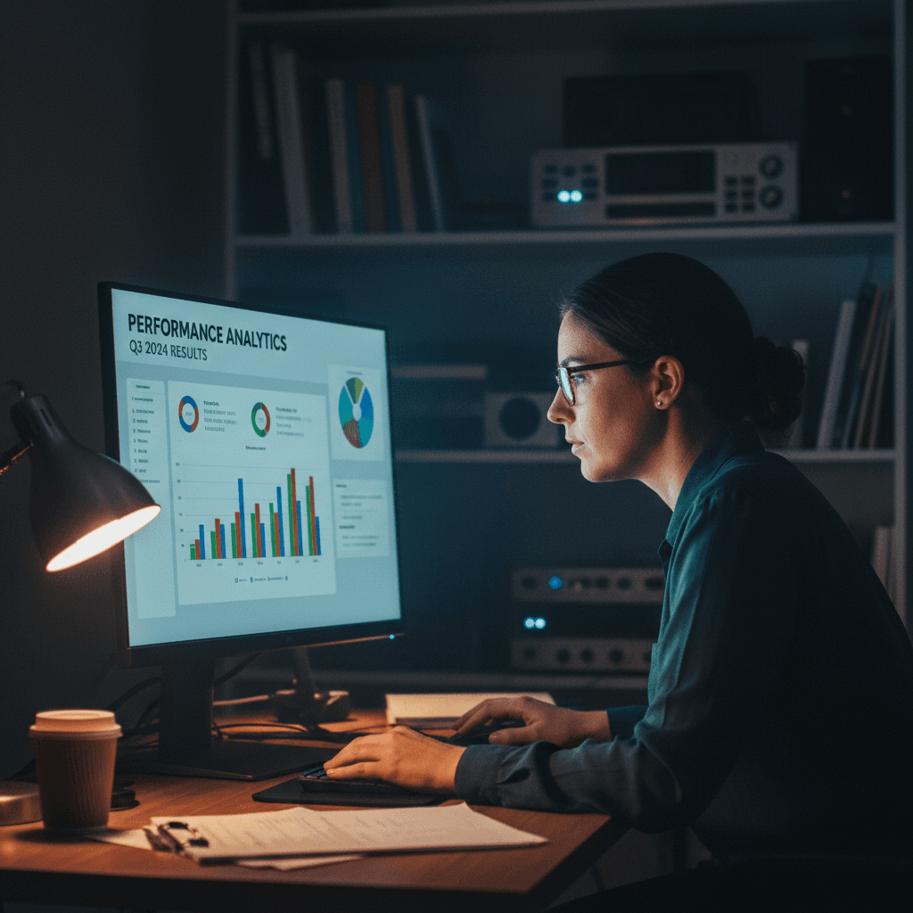 Senior SEO specialist reviewing analytics charts on a monitor
