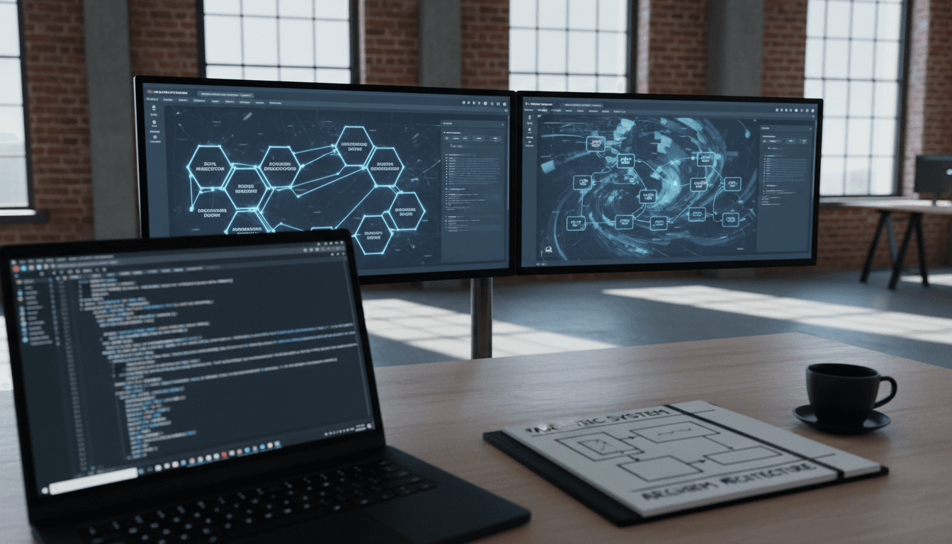 Abstract AI agent architecture diagrams displayed on dual monitors in a modern office