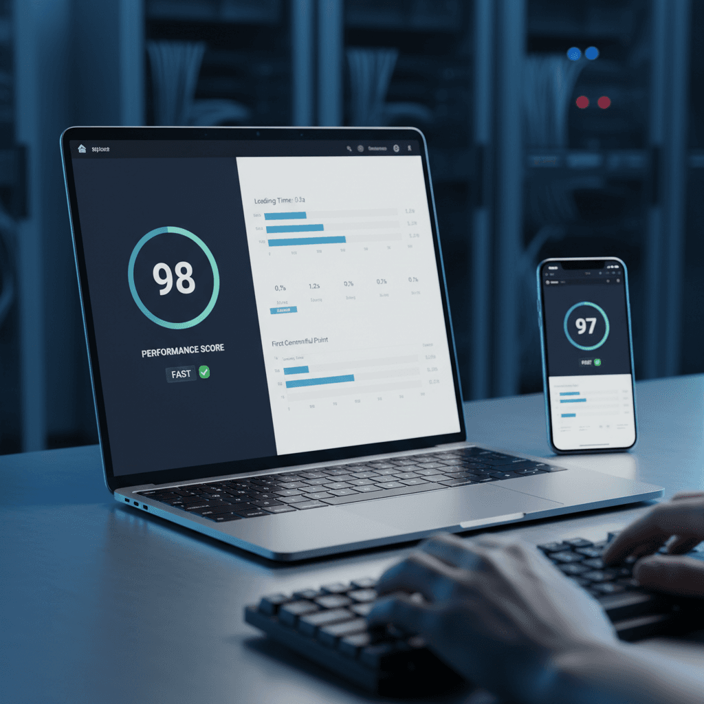 Website speed test result on a smartphone and laptop