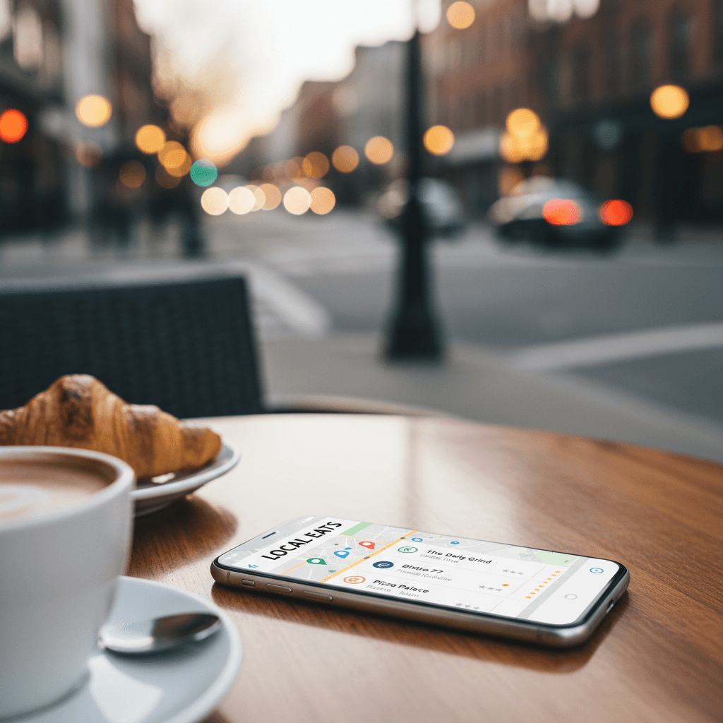 Smartphone showing a local business map listing on a café table