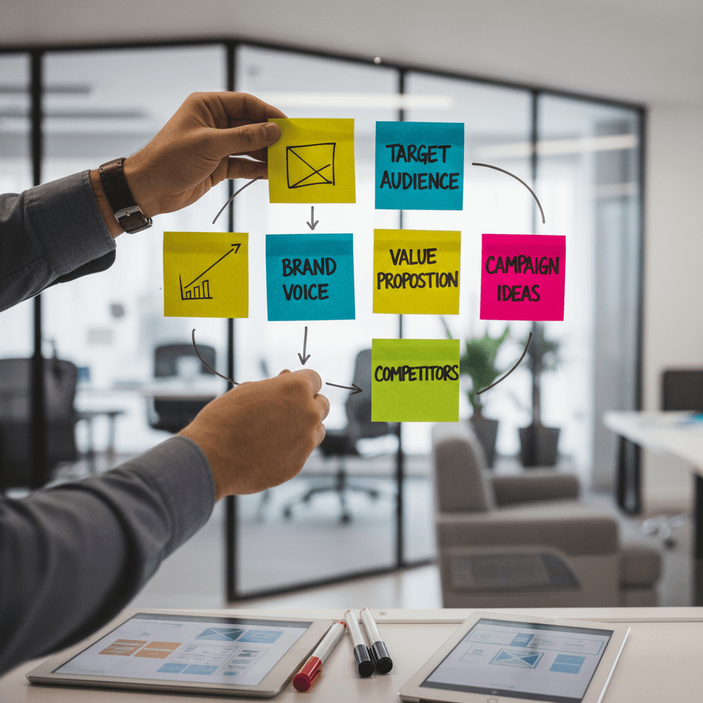 Brand strategist mapping out positioning on a glass wall