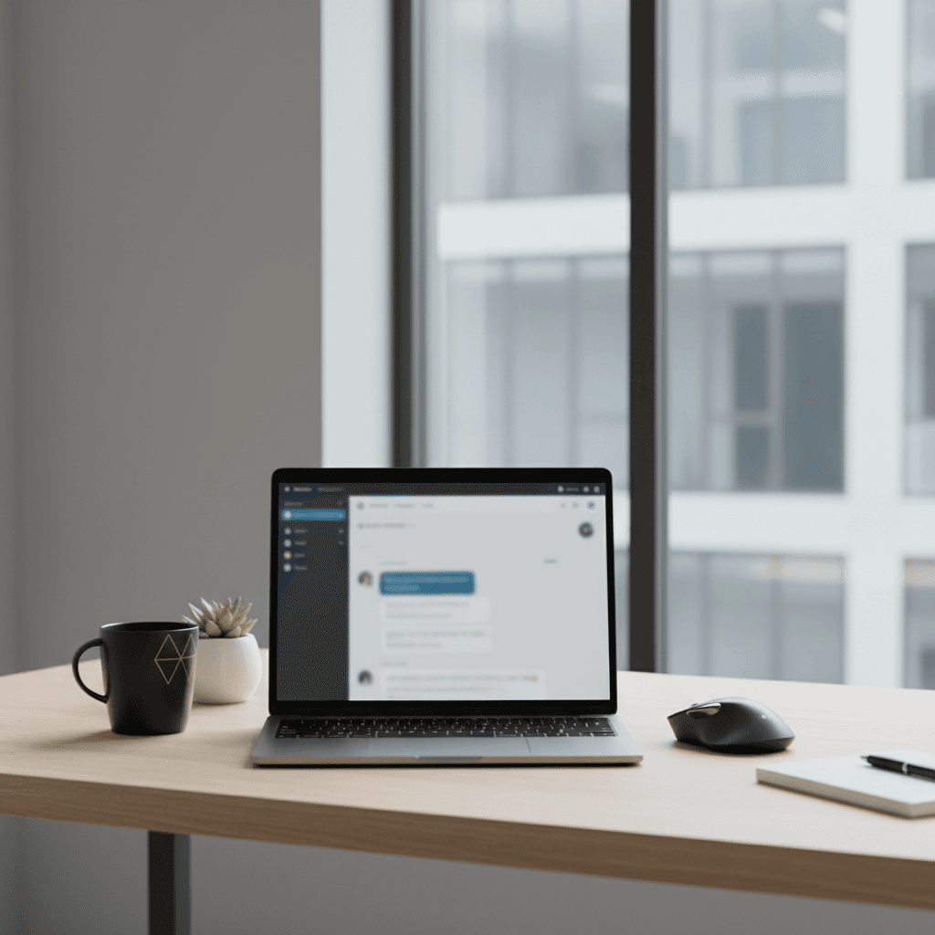 Chat interface on a laptop screen, blurred interface, clean desk with coffee mug