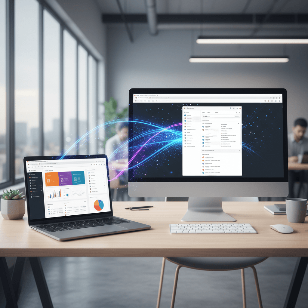 Wide shot of a modern office desk with multiple screens showing connected app interfaces, soft natural light