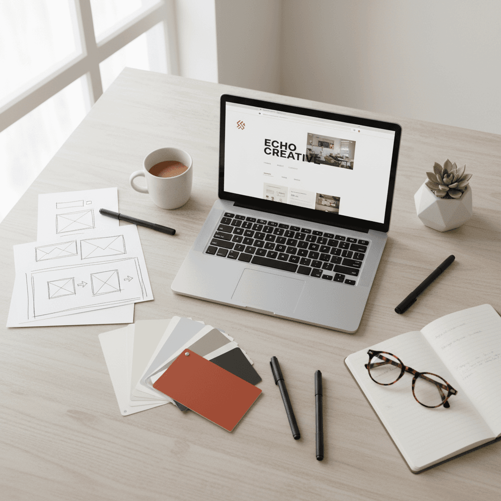 Designer's desk with wireframe sketches and color swatches spread out