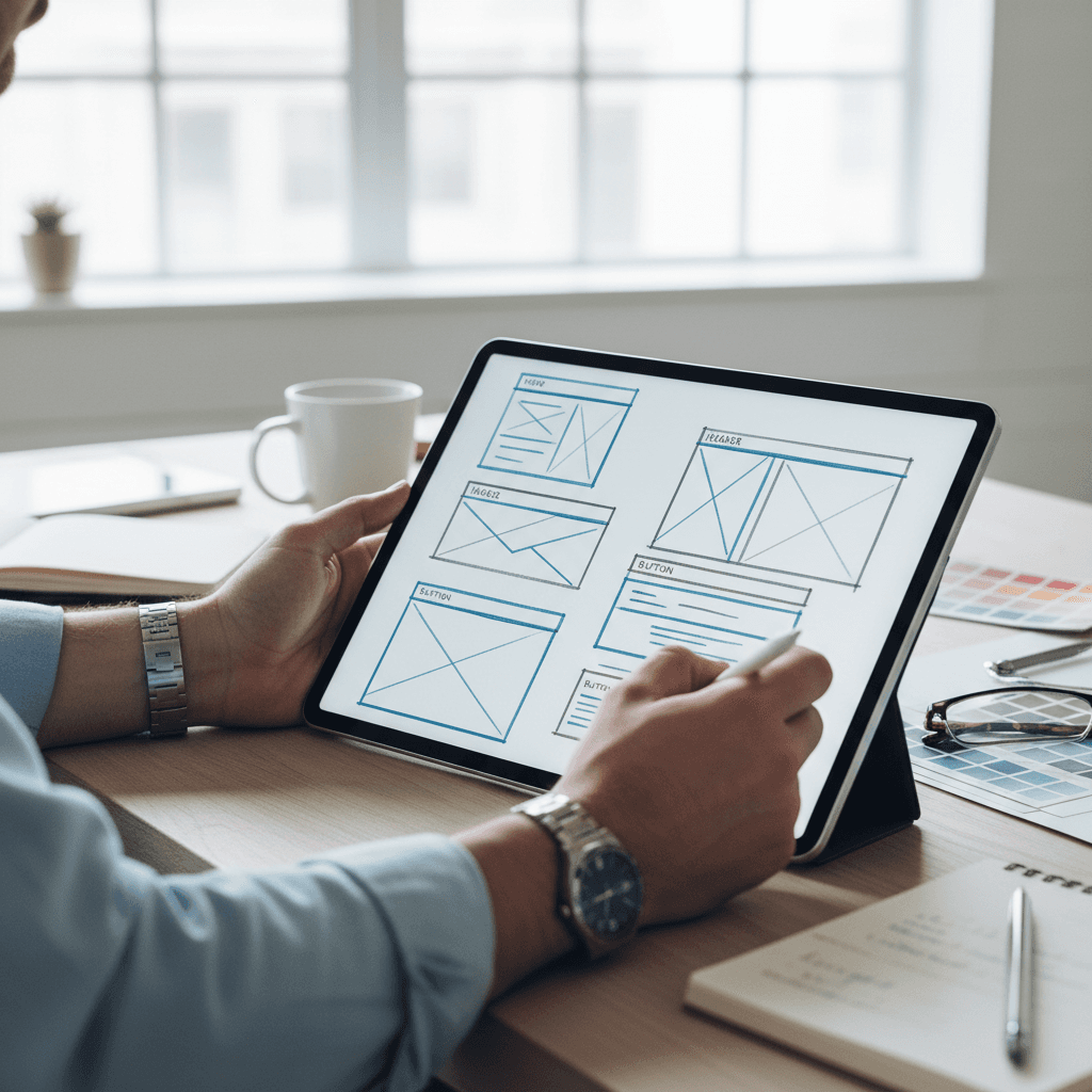 Designer sketching UI wireframes on a tablet