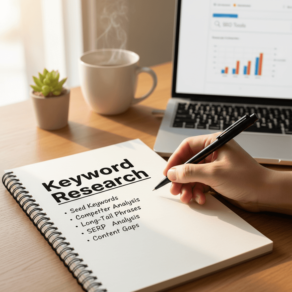 Hand writing keyword research notes beside a laptop
