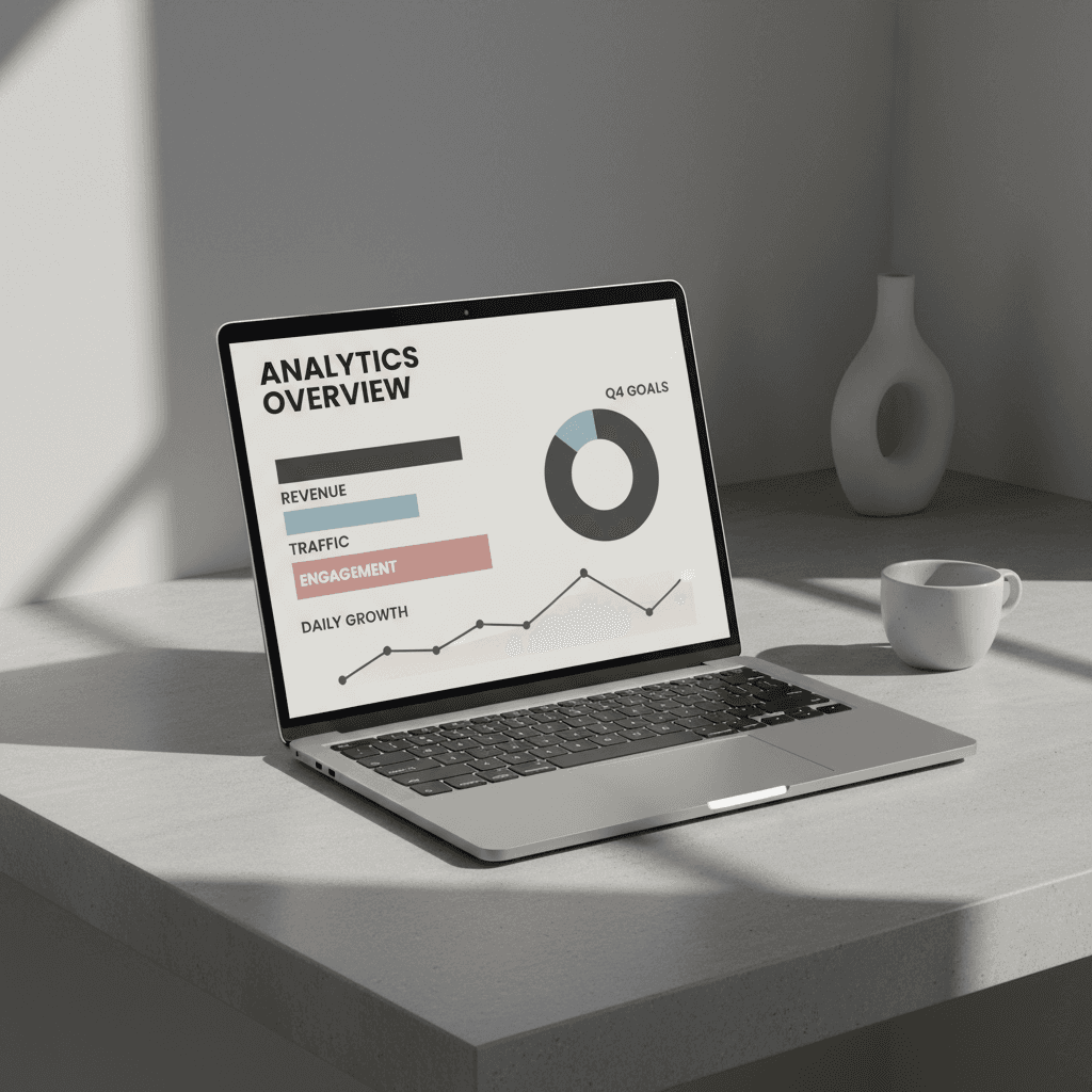 Laptop screen showing a clean analytics dashboard