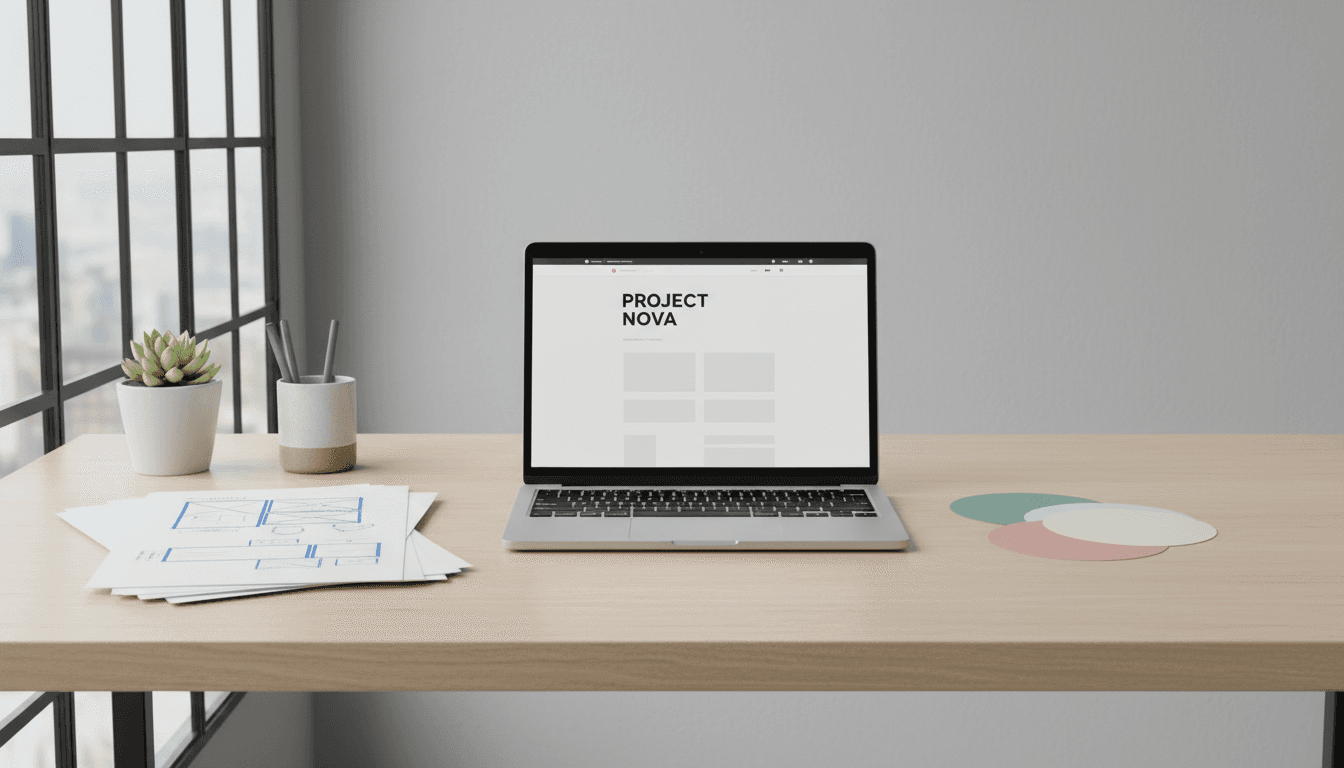 Laptop displaying website design wireframes on a desk