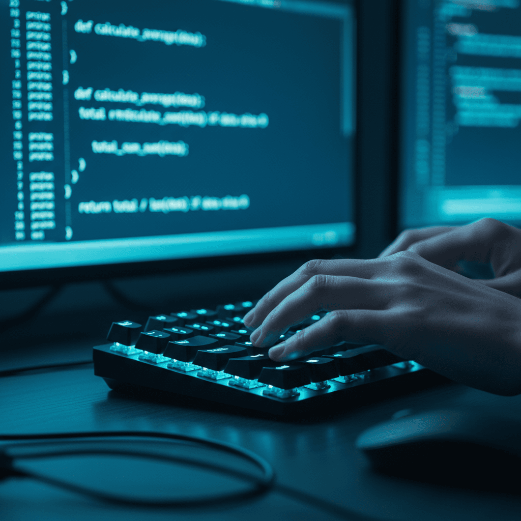 Close-up of hands typing code on a keyboard