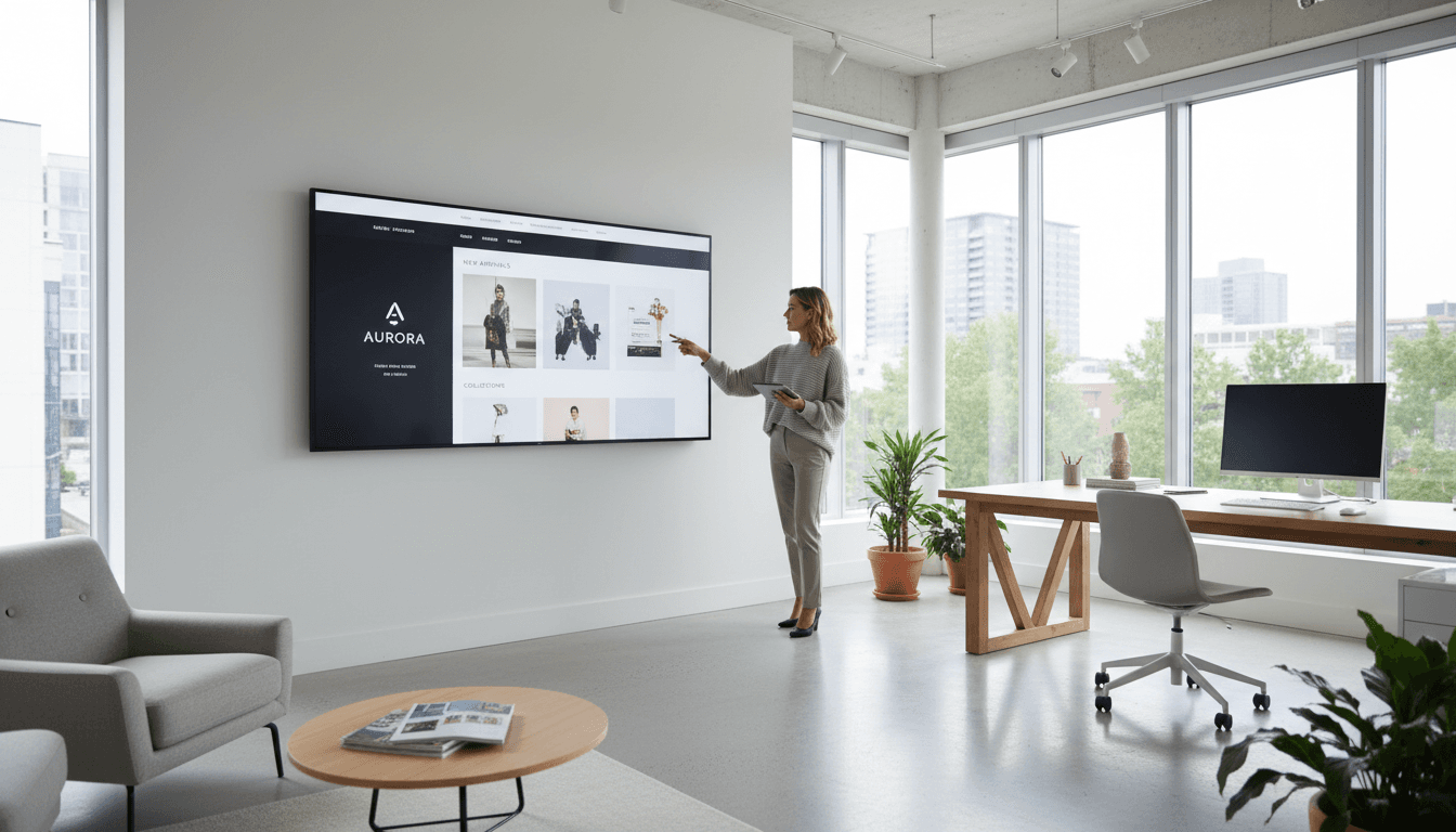 Designer reviewing website mockups in a modern studio