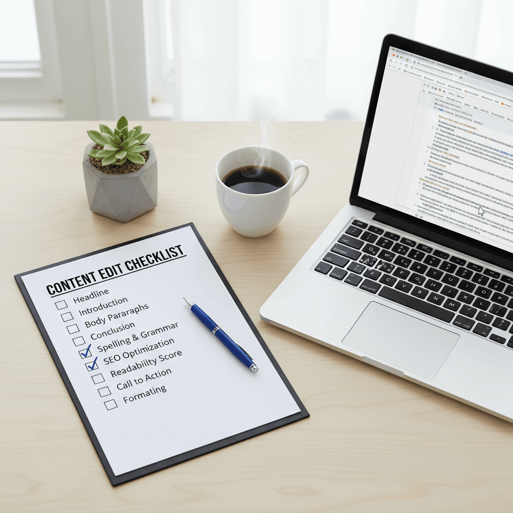 Content edit checklist next to an open laptop