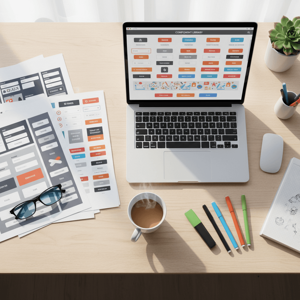 Design system components on a desk and laptop