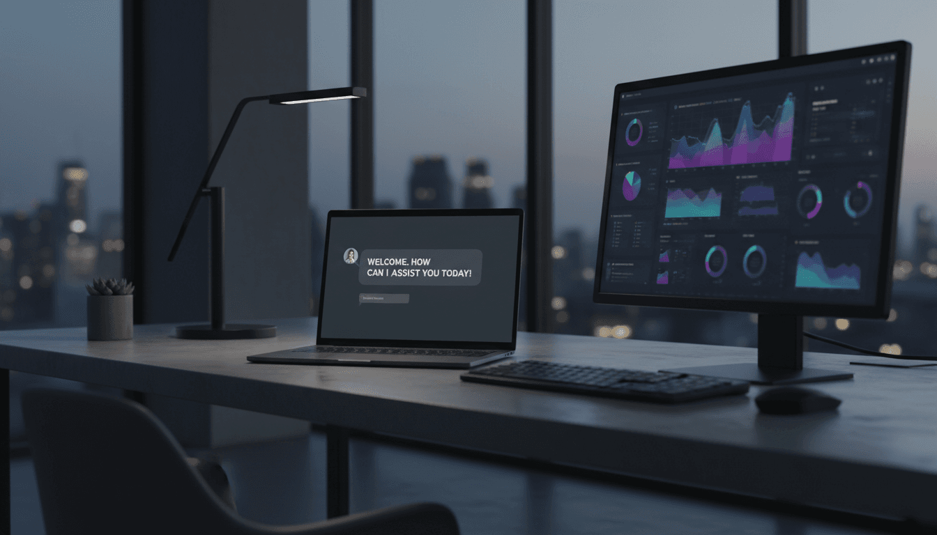 Laptop showing an AI assistant interface in a dark, modern studio