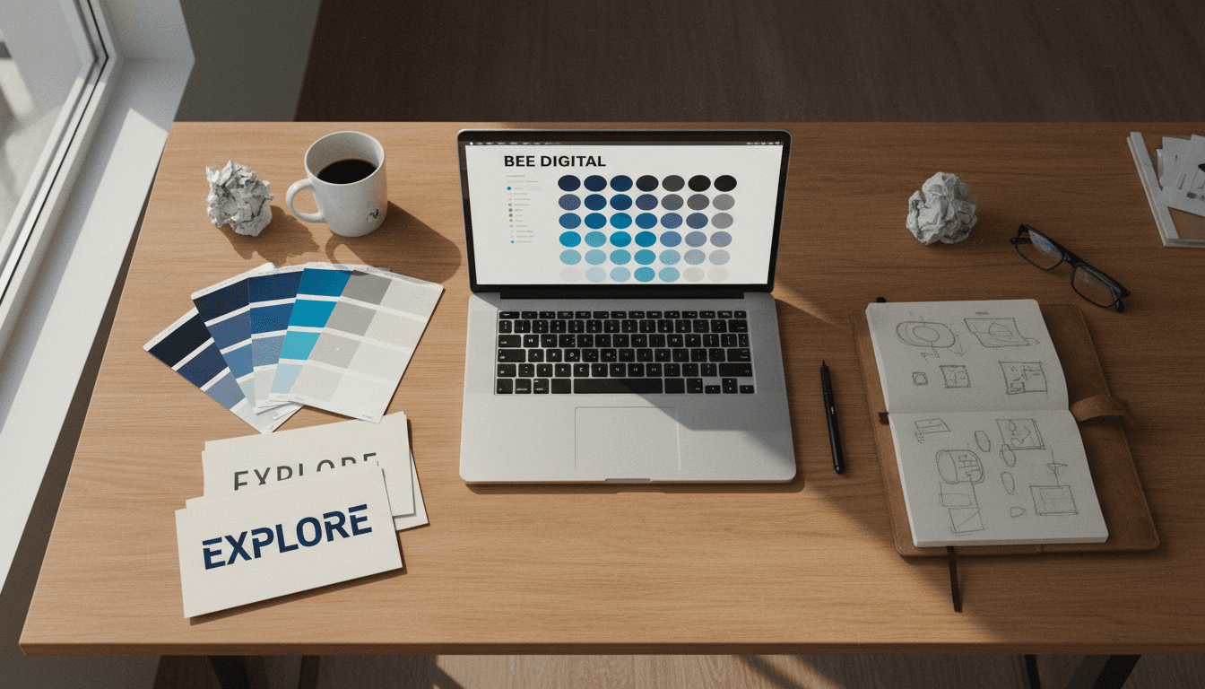 Designer's workspace with laptop showing a website layout, color swatches and typography samples