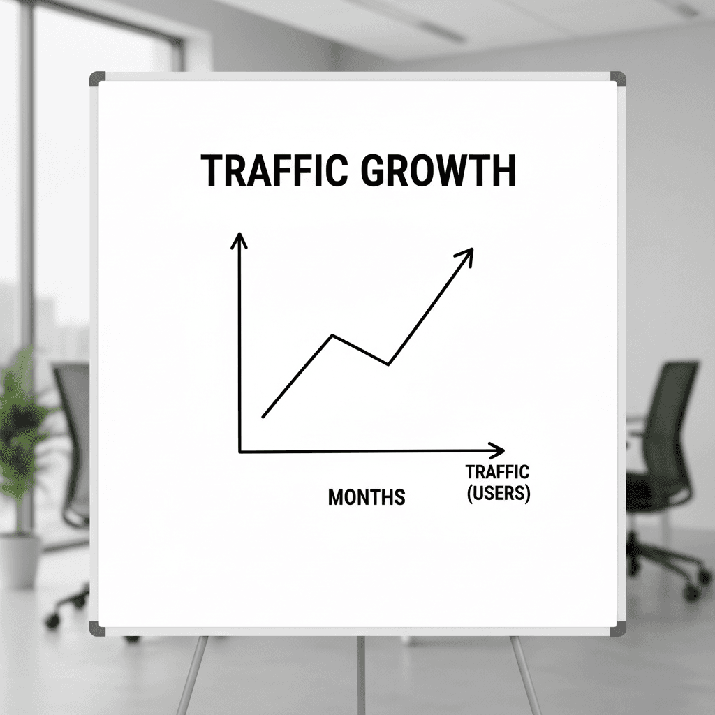 Whiteboard with a simple traffic growth chart drawn in marker