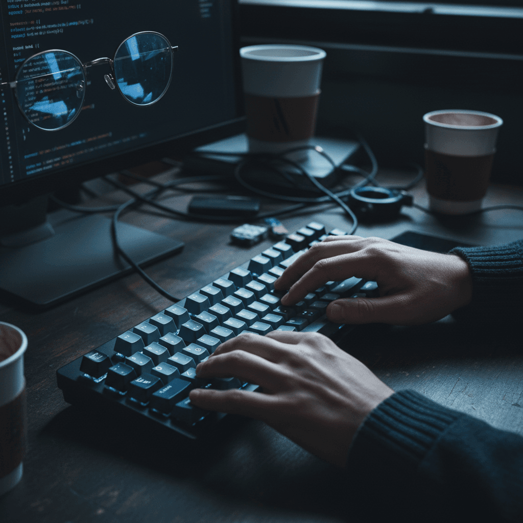 Developer writing code at a desk with screen glow