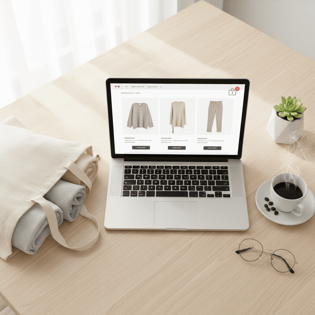 Online store on a laptop screen with shopping bags nearby