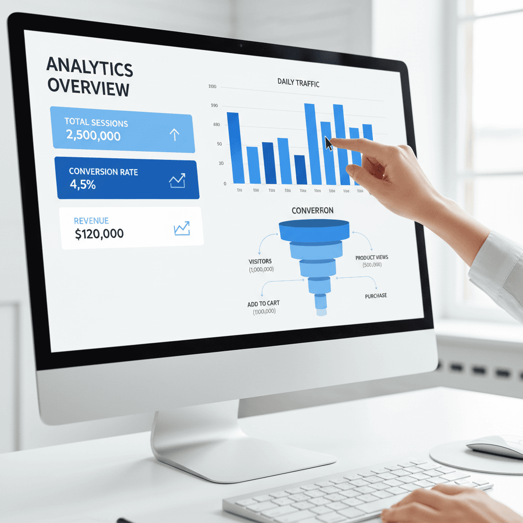 Web analytics dashboard showing conversion metrics on a desktop monitor