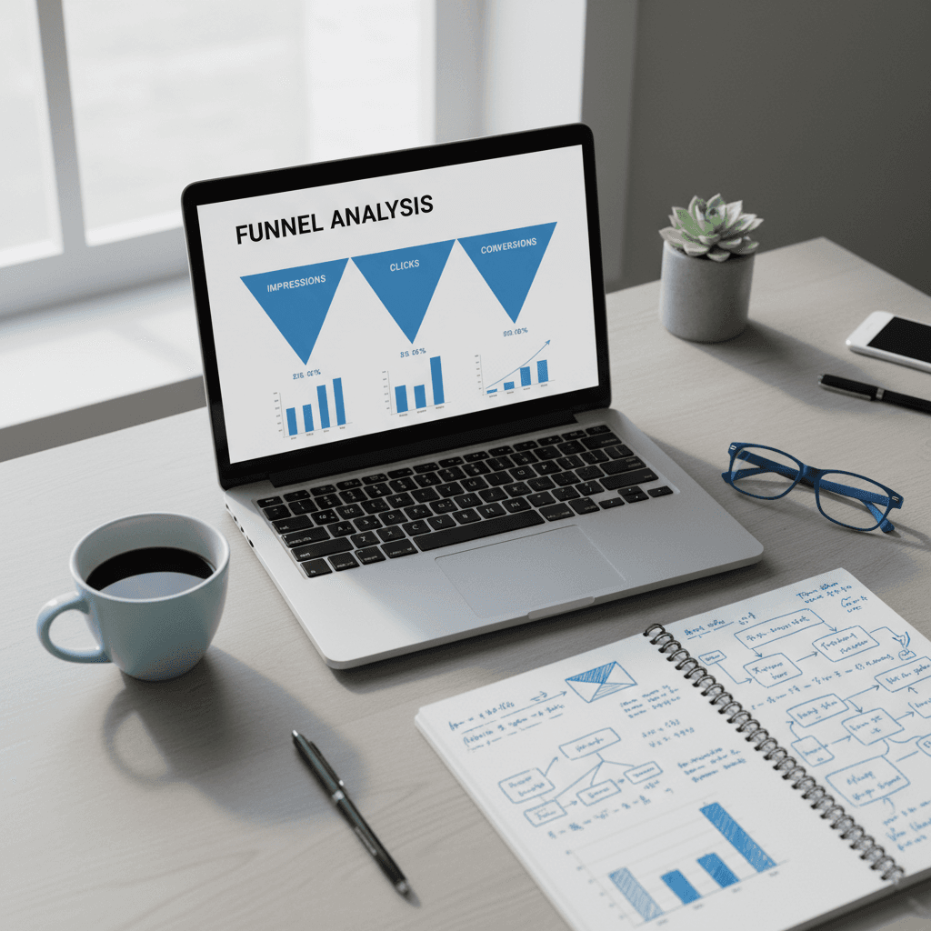 Laptop showing a funnel analysis dashboard with handwritten notes beside it