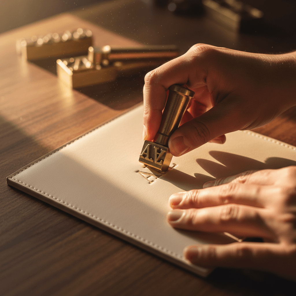 Artisan hands embossing initials onto cream leather notebook with traditional letterpress tool and golden light