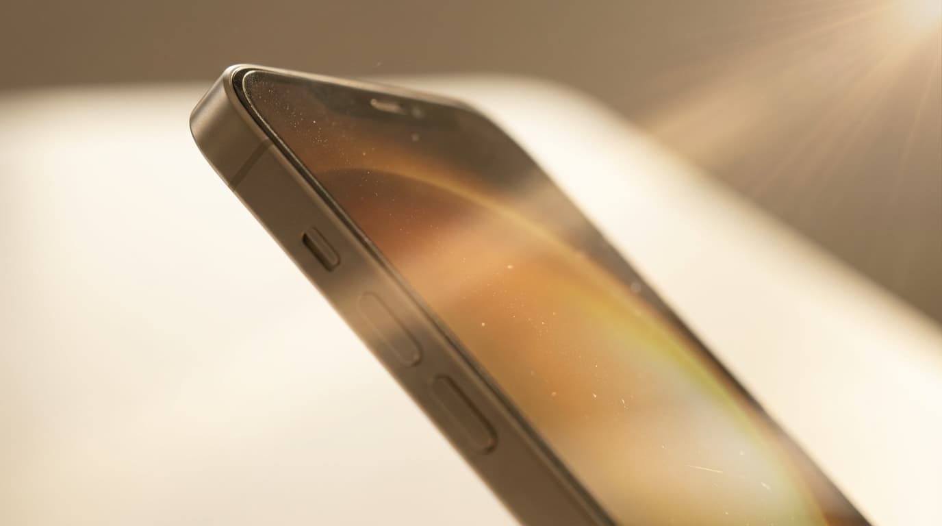 Mobile phone in golden sunlight with dust rays and warm glow against soft cream background