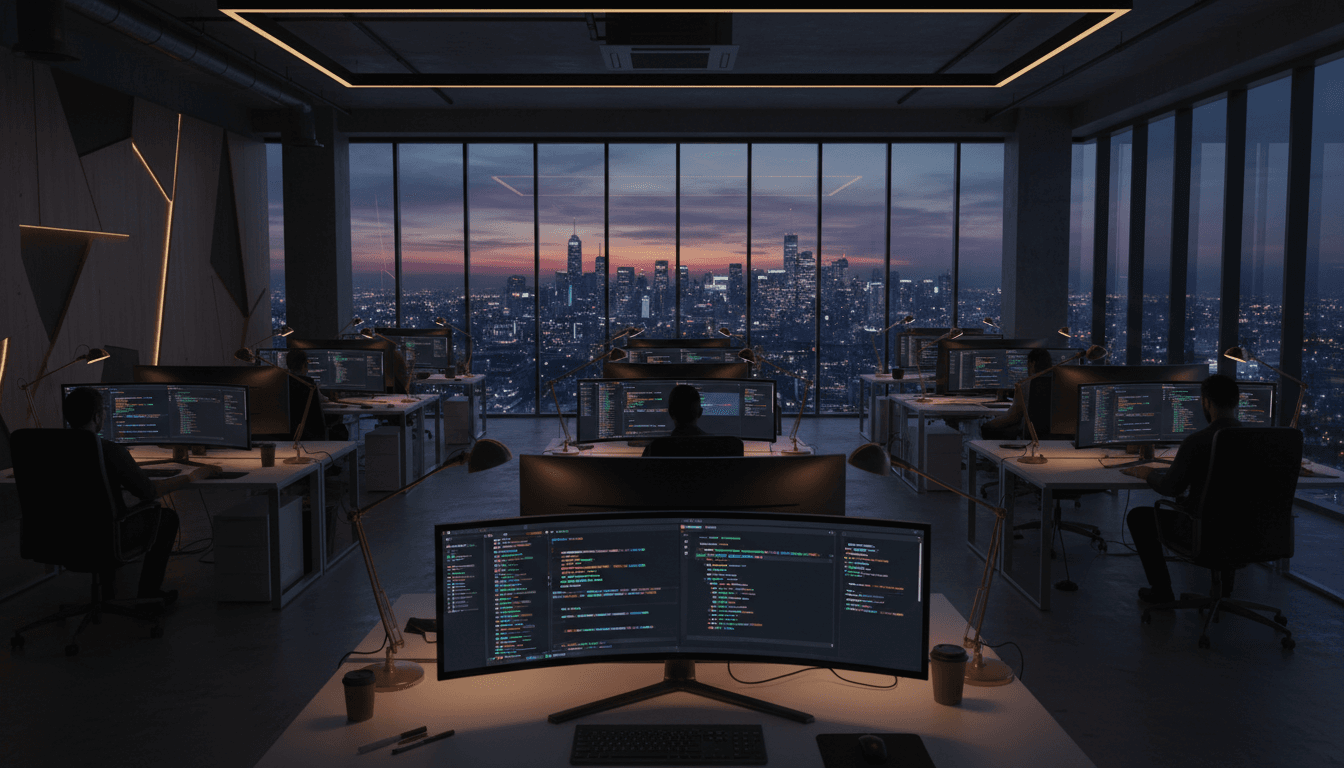 Modern web development studio at dusk with multiple glowing workstations, city skyline visible through large windows
