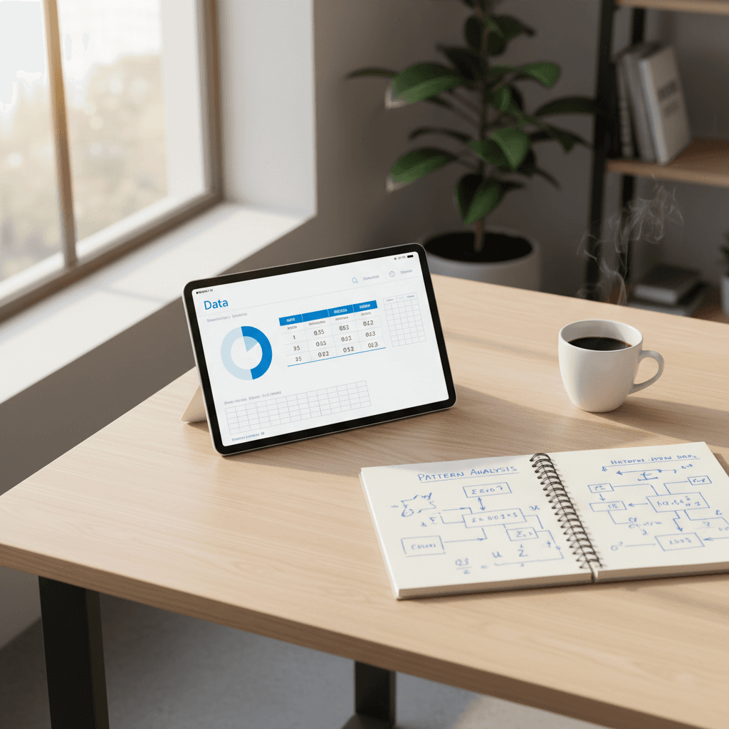 Overhead view of tablet displaying prediction data, notebook with analysis notes, and coffee on wooden desk
