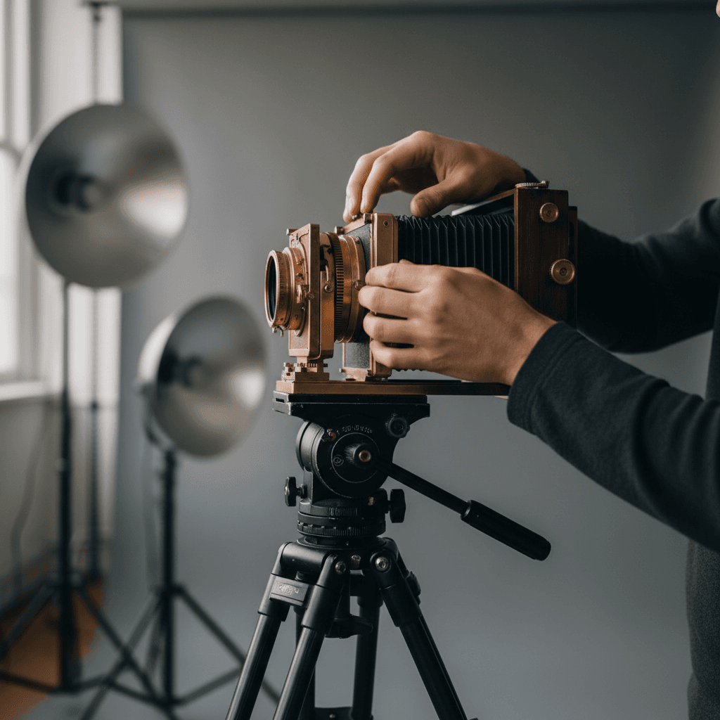 Professional photographer's hands adjusting large-format camera on tripod in modern studio with natural light