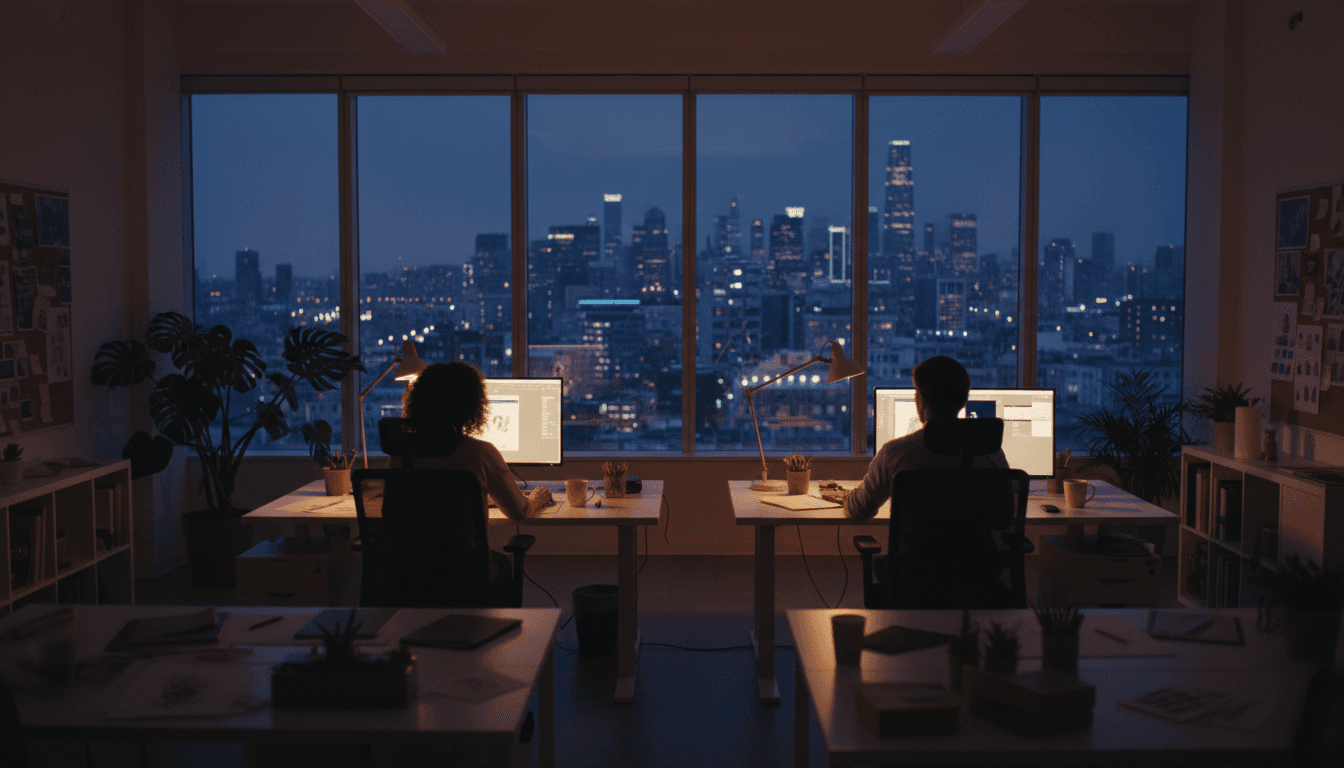 Designer working at glowing monitor in atmospheric evening studio with city lights in background