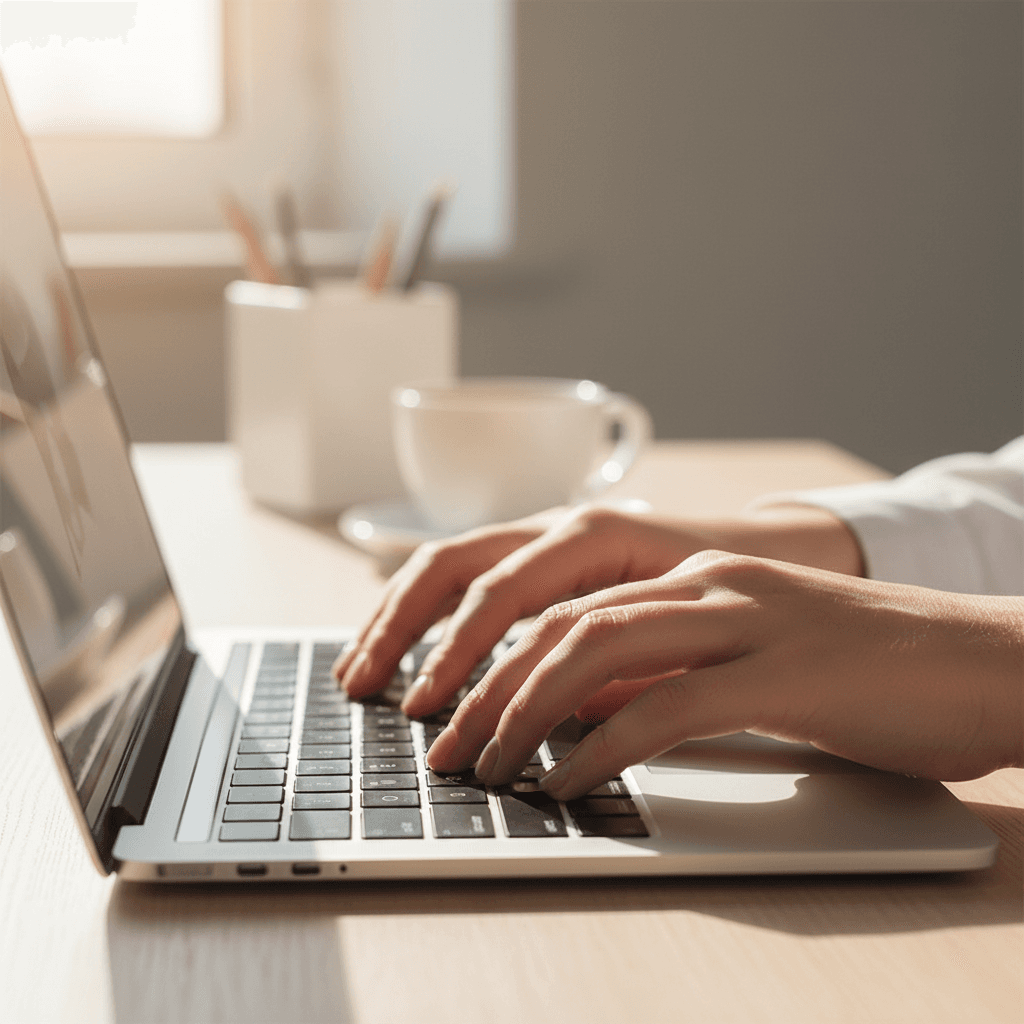 Hands typing on a laptop keyboard