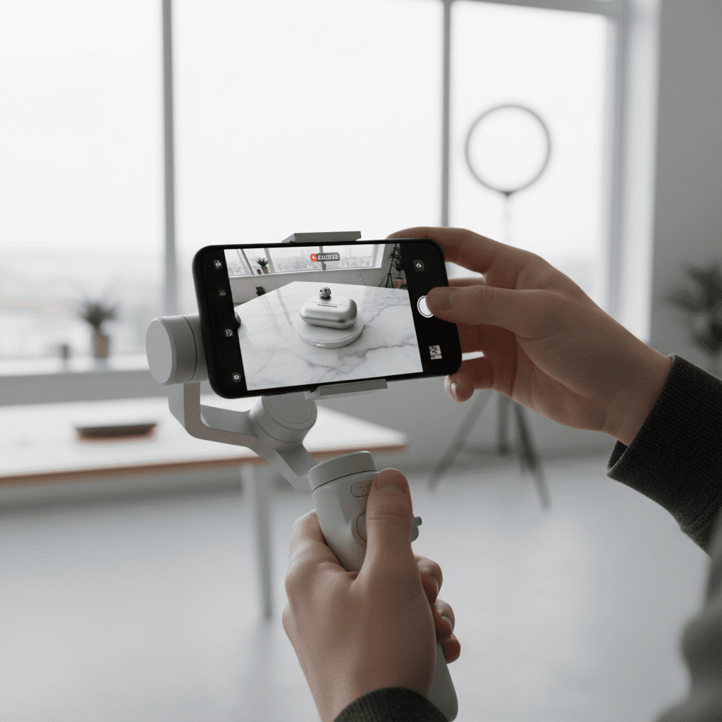 Hands holding a smartphone gimbal recording video on a city street