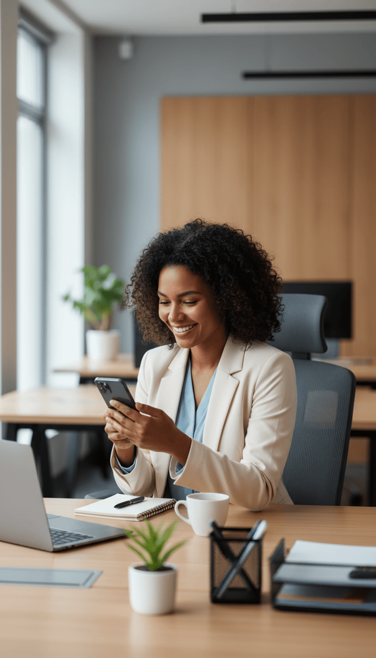 Professional woman at desk smiling while reviewing smartphone with automated customer communications in modern office