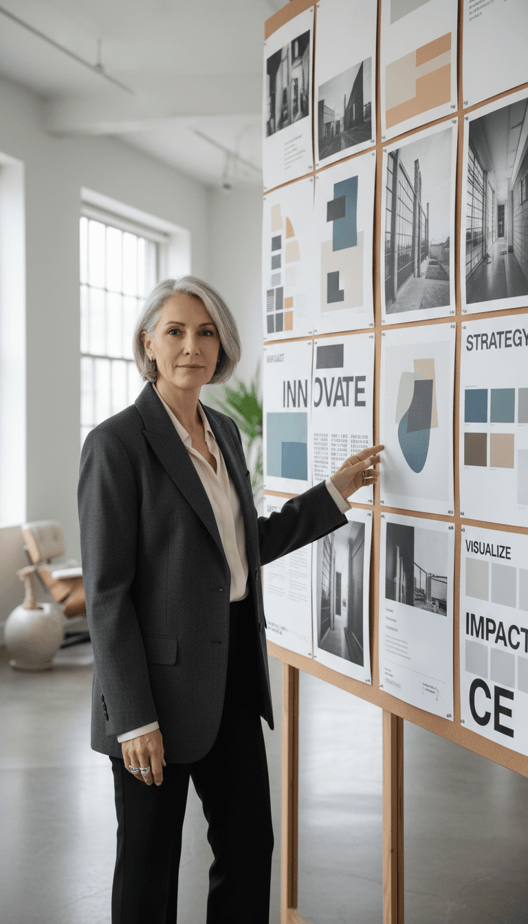 Senior creative director standing before conceptual mood board in modern studio, gesturing toward strategic visual elements