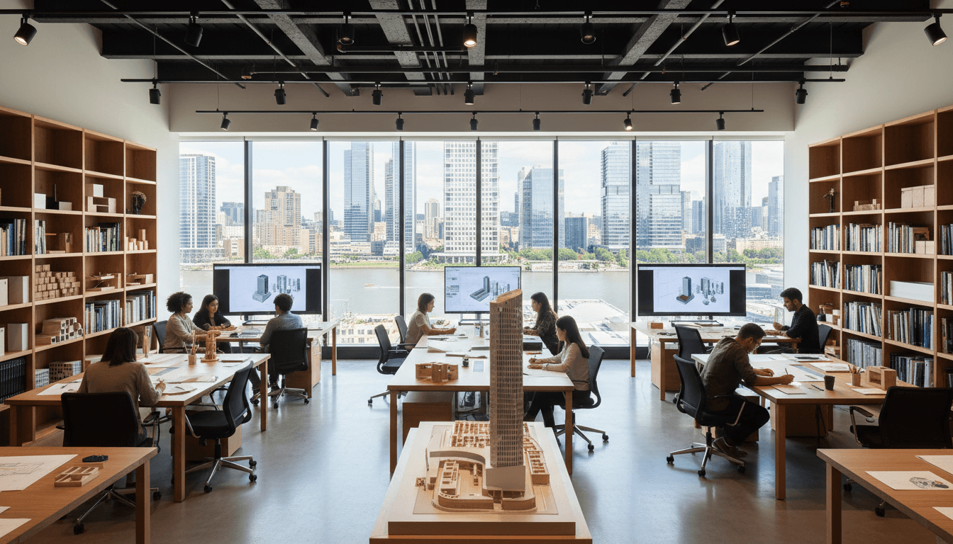Bright, modern architecture studio with diverse professionals collaborating at workstations and design tables