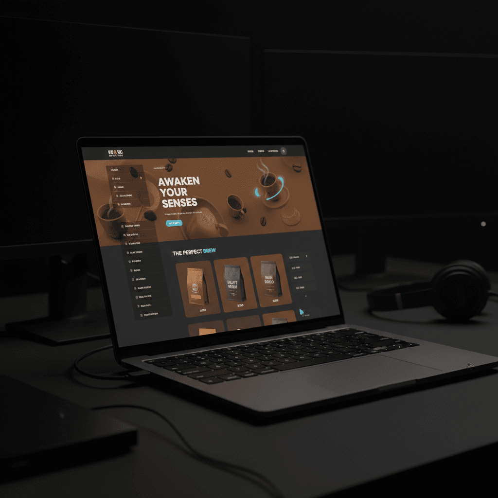 Laptop screen displaying animated coffee brand website with luminous interactive elements in darkened studio environment