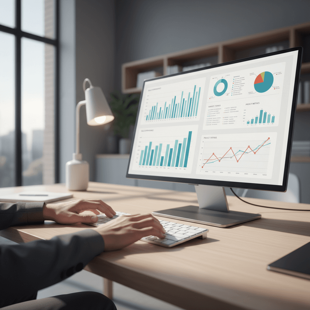 Laptop with charts on a desk in a modern office