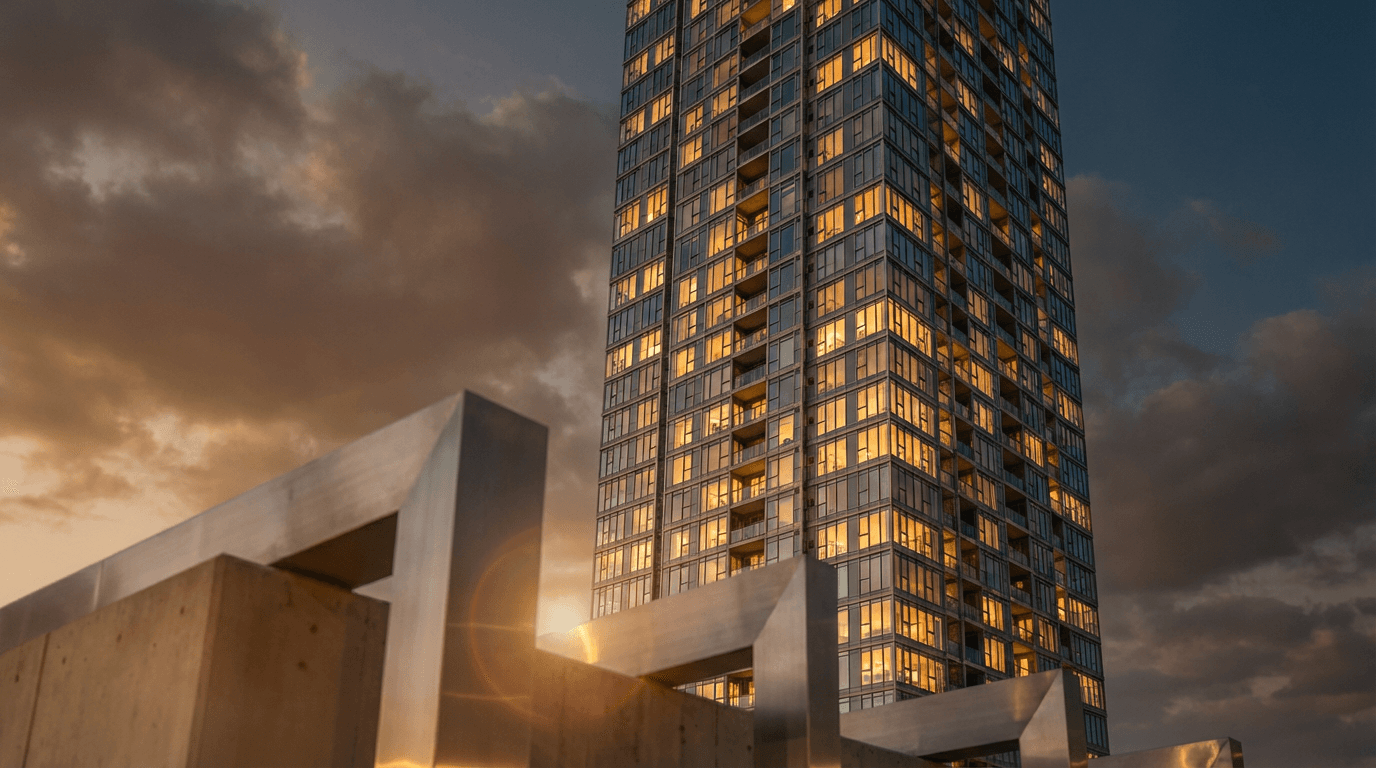 Modern residential high-rise tower at dusk with glowing windows and golden light reflecting off glass facades.