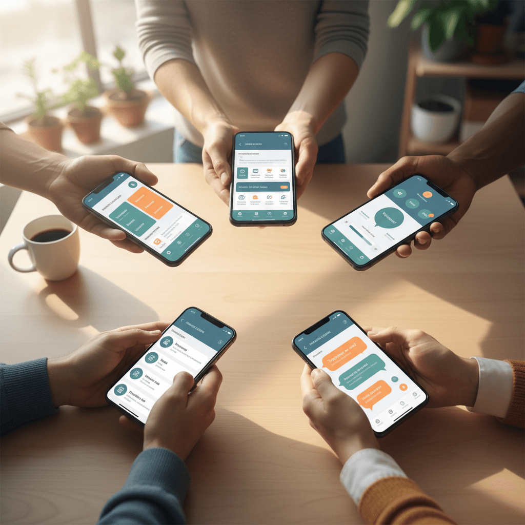 Diverse hands coming together holding smartphones displaying community network interface on wooden table
