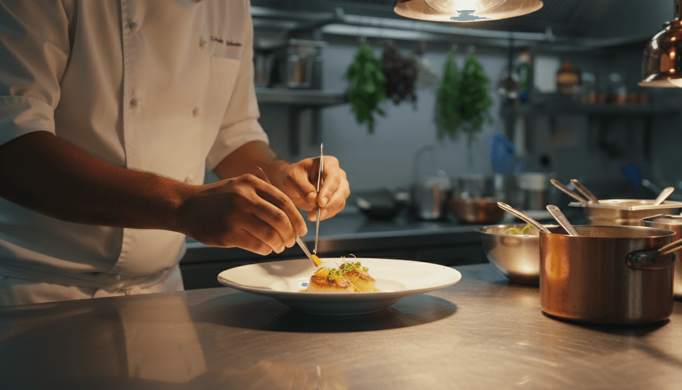 Chef plating a dish in a busy restaurant kitchen