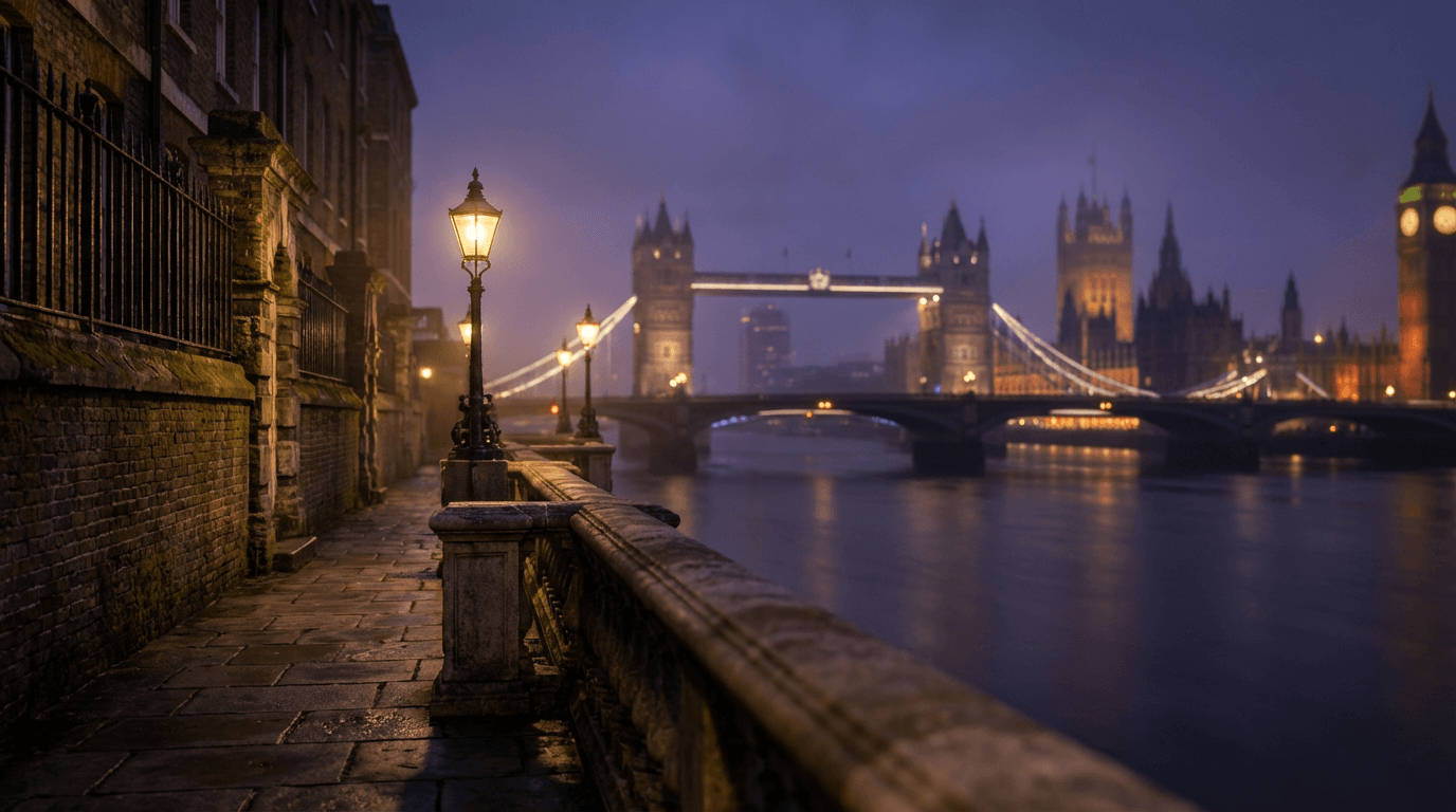 Historic Thames embankment with stone railings and bridge silhouettes glowing at twilight, golden lamp reflections on water.