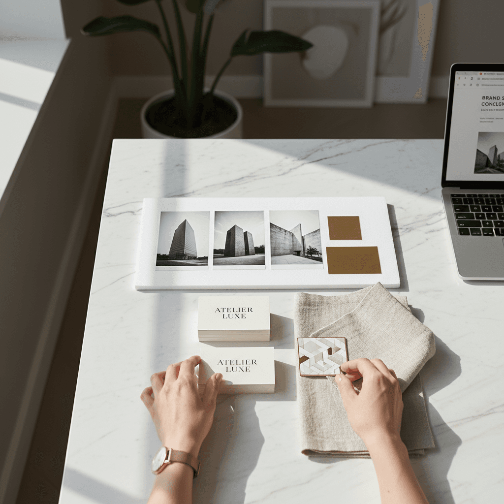 Designer's hands arranging luxury branding materials including elegant business cards and mood board on marble desk with natural light